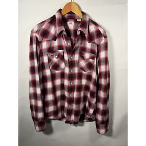 Levis Mens Red Black White Plaid Western Flannel Shirt Long Sleeve Size L G